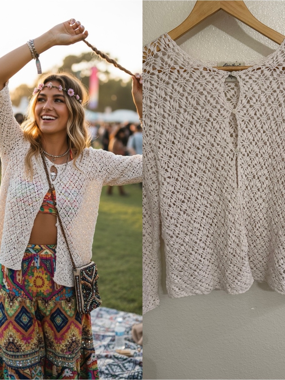 Eddie Bauer Linen Cotton Crochet Cardigan L Ivory Open Knit Boho Coastal